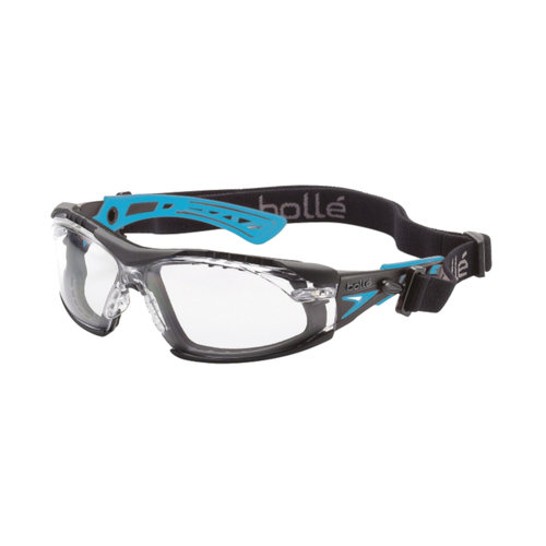 WORKWEAR, SAFETY & CORPORATE CLOTHING SPECIALISTS RUSH+ SMALL SEAL Black / Blue Temples PLATINUM AS/AF Clear Lens - Assembled with Gasket & Strap - Spectacles