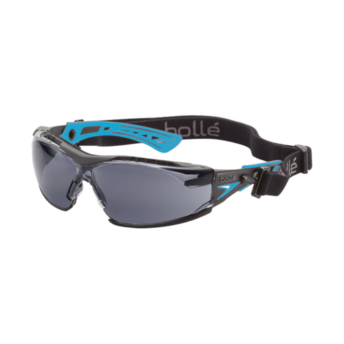 WORKWEAR, SAFETY & CORPORATE CLOTHING SPECIALISTS - RUSH+ SMALL SEAL Black / Blue Temples PLATINUM AS/AF Smoke Lens - Assembled with Gasket & Strap - Spectacles