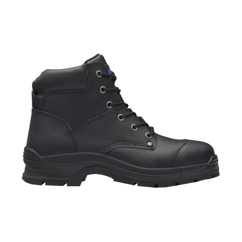 WORKWEAR, SAFETY & CORPORATE CLOTHING SPECIALISTS - Black print leather lace up safety boot with padded collar and ¾ bellows tongue