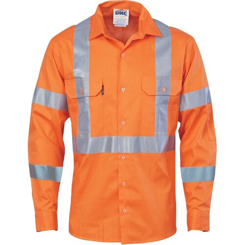 WORKWEAR, SAFETY & CORPORATE CLOTHING SPECIALISTS - Hivis cool-breeze cotton shirt with double hoop on arms & 'X' back CSR R/tape - long sleeve