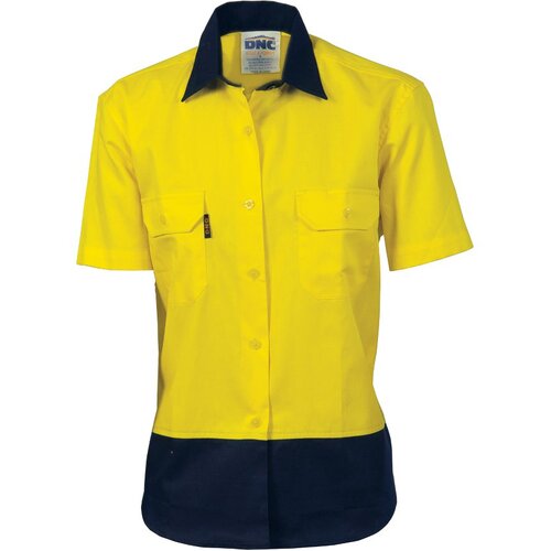 WORKWEAR, SAFETY & CORPORATE CLOTHING SPECIALISTS - Ladies HiVis 2 Tone Cool-Breeze Cotton Shirt - Short Sleeve