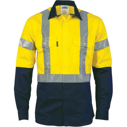 WORKWEAR, SAFETY & CORPORATE CLOTHING SPECIALISTS - HiVis D/N 2 Tone Drill Shirt with H Pattern Generic R/ Tape - Long sleeve