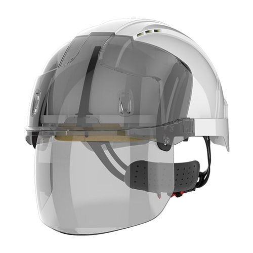 WORKWEAR, SAFETY & CORPORATE CLOTHING SPECIALISTS EVO VISTA SHIELD VENTED WHITE/SMOKE HELMET - WHEEL RATCHET  - CLEAR VISOR