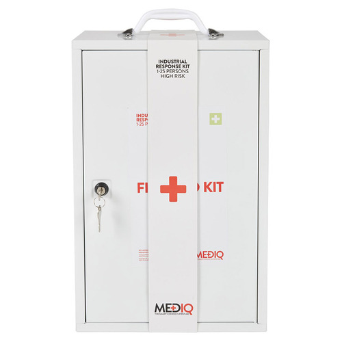 WORKWEAR, SAFETY & CORPORATE CLOTHING SPECIALISTS DISCONTINUED - MEDIQ ESSENTIAL FIRST AID KIT WORKPLACE RESPONSE IN WHITE METAL WALL CABINET 1-25 PERSONS HIGH RISK