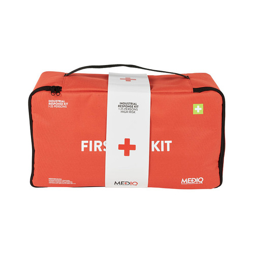 WORKWEAR, SAFETY & CORPORATE CLOTHING SPECIALISTS DISCONTINUED - MEDIQ ESSENTIAL FIRST AID KIT WORKPLACE RESPONSE IN ORANGE SOFT PACK 1-25 PERSONS HIGH RISK