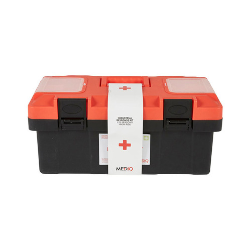 WORKWEAR, SAFETY & CORPORATE CLOTHING SPECIALISTS DISCONTINUED - MEDIQ ESSENTIAL FIRST AID KIT WORKPLACE RESPONSE IN ORANGE/BLACK PLASTIC TACKLE BOX 1-25 PERSONS HIGH RISK