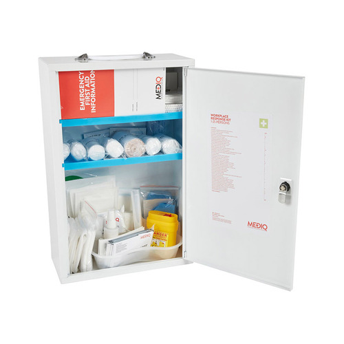 WORKWEAR, SAFETY & CORPORATE CLOTHING SPECIALISTS DISCONTINUED - MEDIQ ESSENTIAL FIRST AID KIT WORKPLACE RESPONSE IN WHITE METAL WALL CABINET LOW RISK 1-25 PERONS